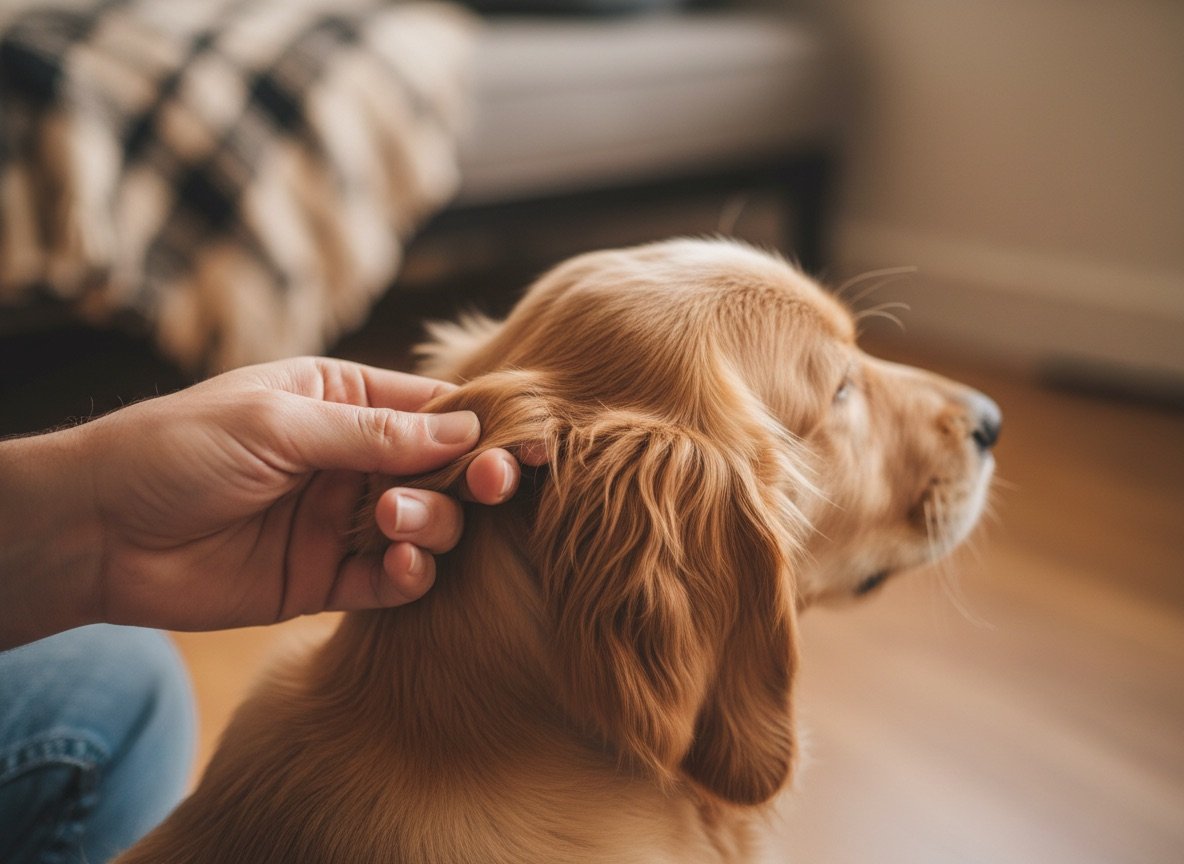 A Golden Retriever puppy having its ears checked by a pair of adult hands