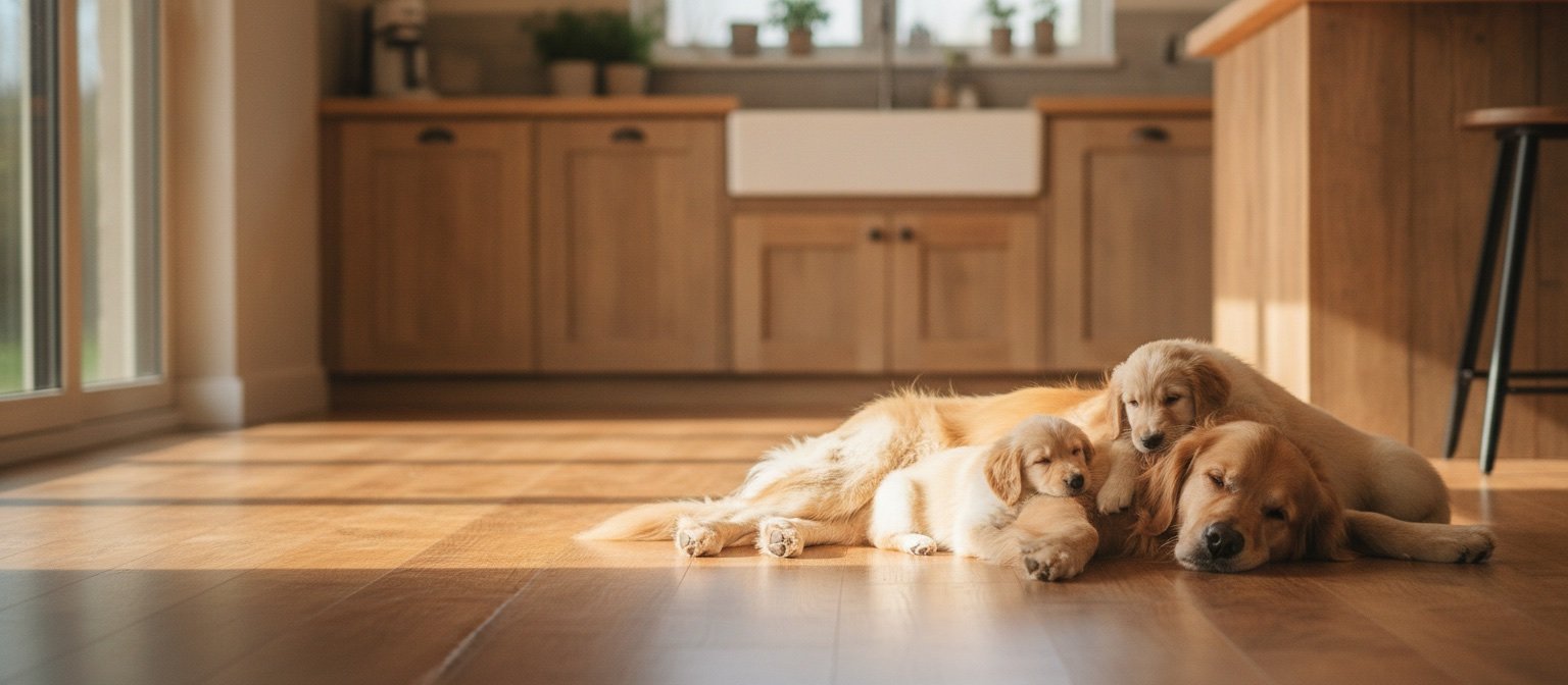 An adult Golden Retriever asleep on a kitchen floor with three puppies curled against her in the late afternoon light