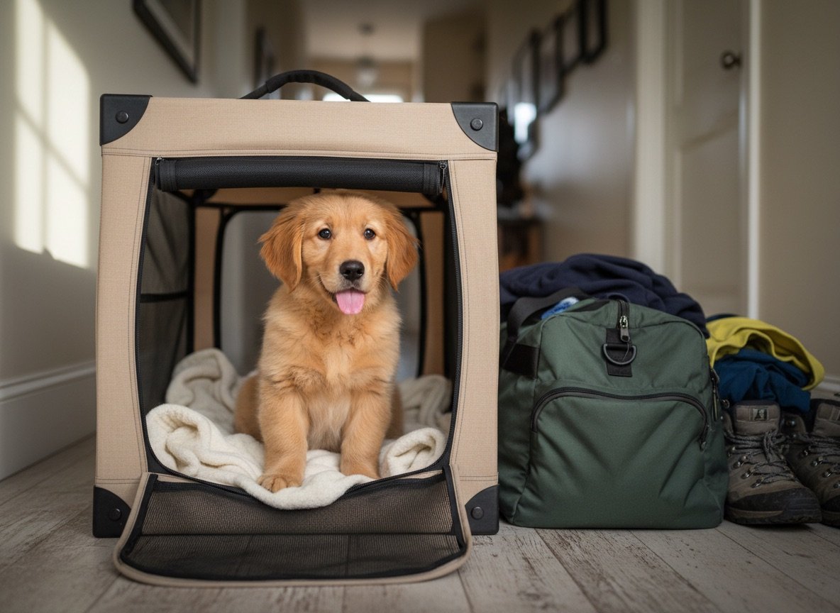 A travel crate prepared for a puppy journey